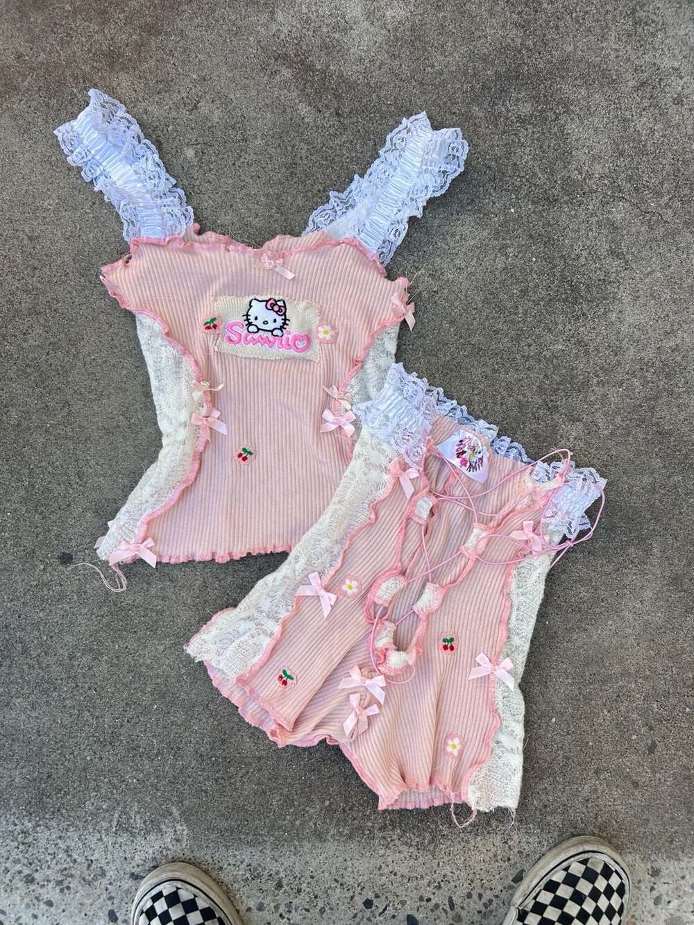 Y2K Hello Kitty Coquette Lace Two Piece Set • Cami & Shorts Loungewear Set.